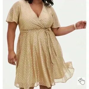 Torrid GOLD METALLIC POLKA DOT MESH WRAP DRESS Sz 0